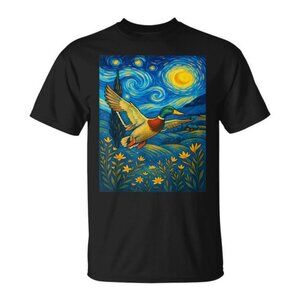 Starry Night Mallard Duck Van Gogh Style Hunting Farmer Farm T-Shirt
